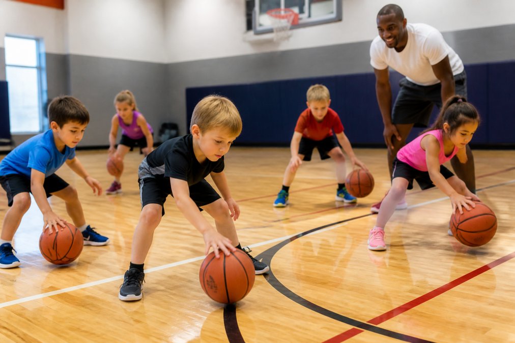 A group of children aged 4-6 in colorful athletic wear practicing dribbling drills with small basketballs on a bright indoor court, supervised by a smiling coach