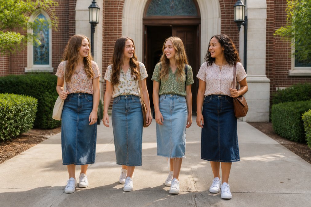 A group of four teenage girls in modest, stylish church outfits including denim midi skirts, floral blouses, and white sneakers, standing together outside a brick church entrance on a bright Sunday morning, laughing and relaxed