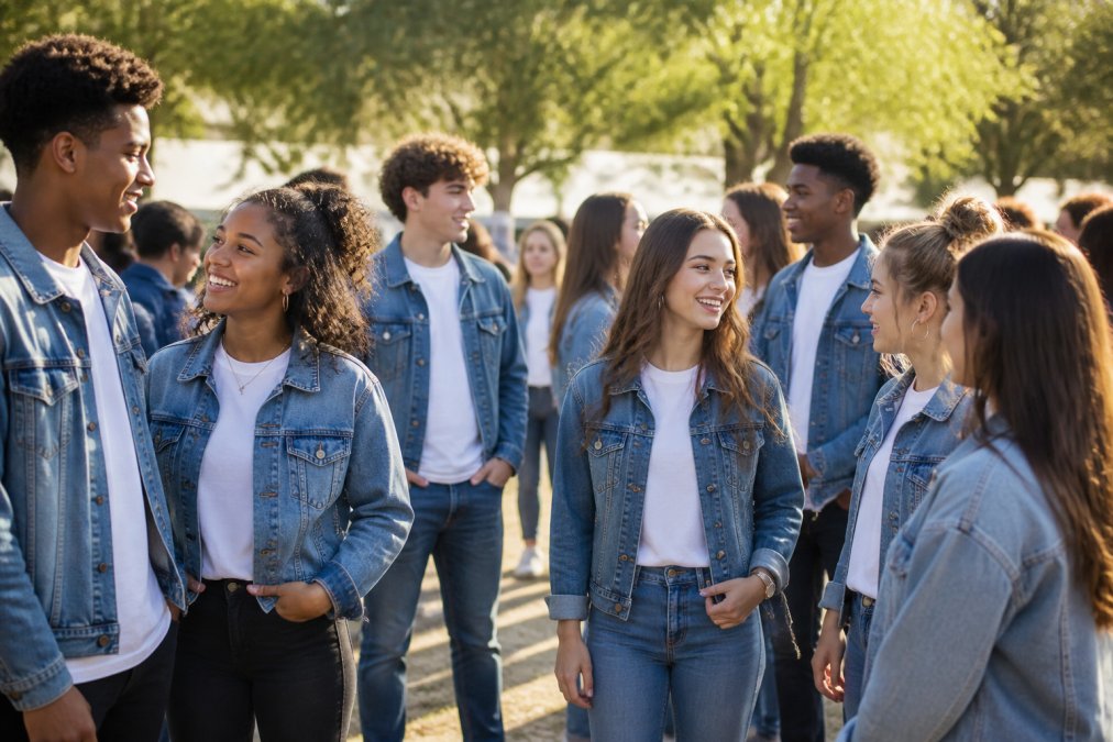 A diverse group of twelve teenagers and young adults wearing coordinated custom ministry t-shirts with open denim jackets and jeans at an outdoor youth group event, smiling and talking in small groups in warm afternoon sunlight