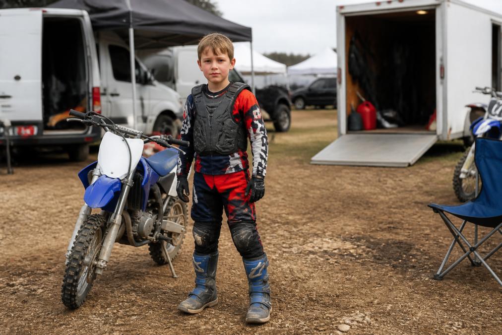 A young motocross rider in full riding gear, including knee braces, standing next to a small dirt bike in a paddock area.