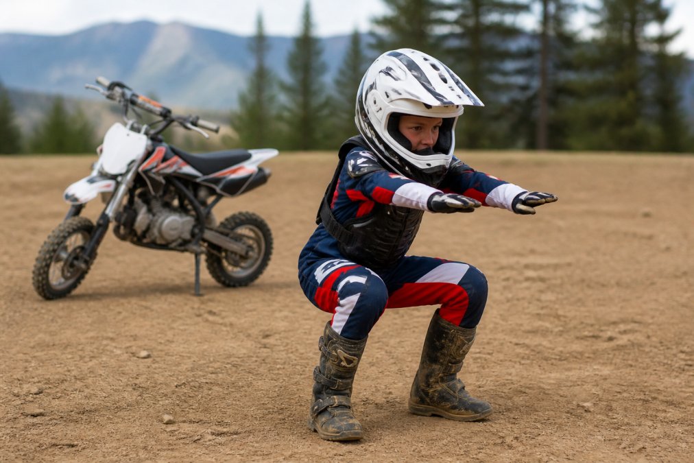 Young motocross rider in full protective gear performing a bodyweight squat exercise on dirt near a pit bike, showing proper athletic stance and form with natural outdoor lighting