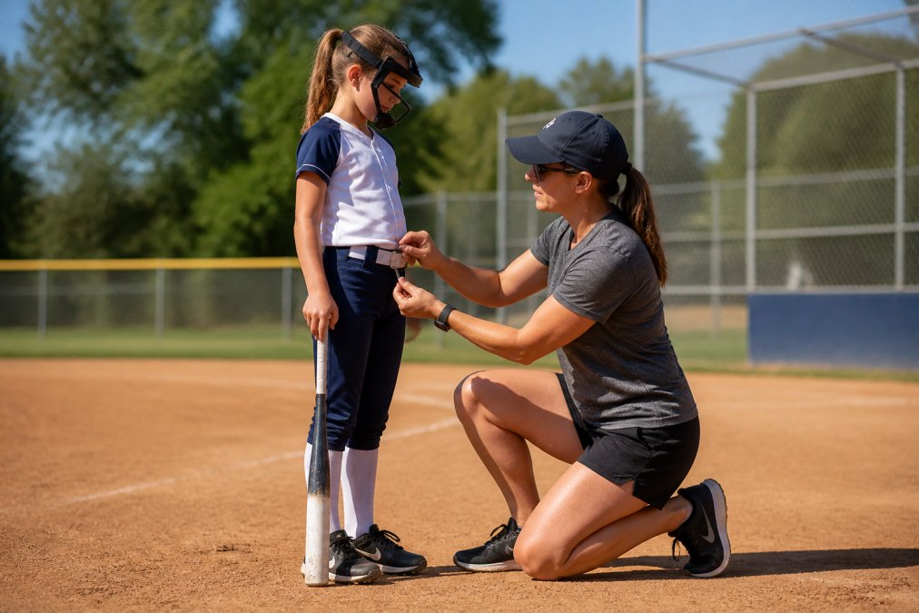 Parent kneeling on a sunny field to check the height of a softball bat against a young player's hip