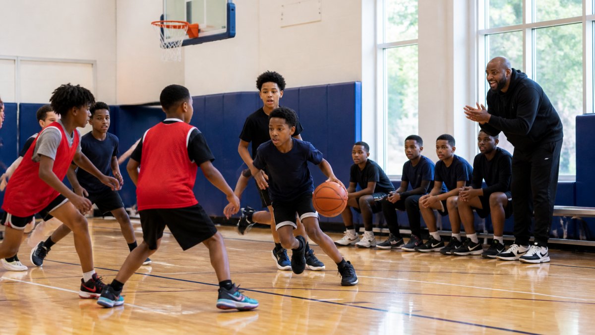 Boys ages 8-14 playing basketball in a bright community recreation center gym, with an adult coach or mentor cheering from the sideline and other kids waiting their turn on the bench