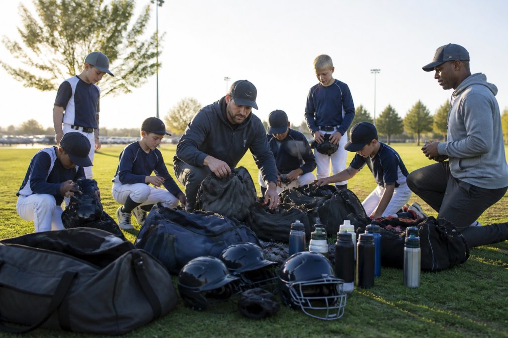 Youth sports team gathered on sideline with coaches organizing equipment bags, water bottles, and protective gear before a game, morning sunlight on field