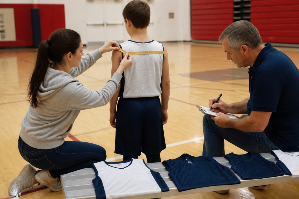 A volunteer parent kneeling beside a young athlete on a gym floor, holding a measuring tape across the player's shoulders while a coach writes the measurement on a clipboard, with sample jerseys laid out on a nearby bench
