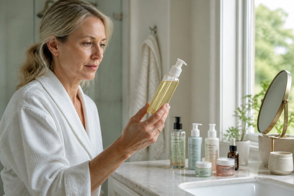 A woman in her early 50s with mature skin examining a row of skincare bottles on a bathroom counter, holding one cleanser up to natural window light, other products arranged neatly beside a small mirror