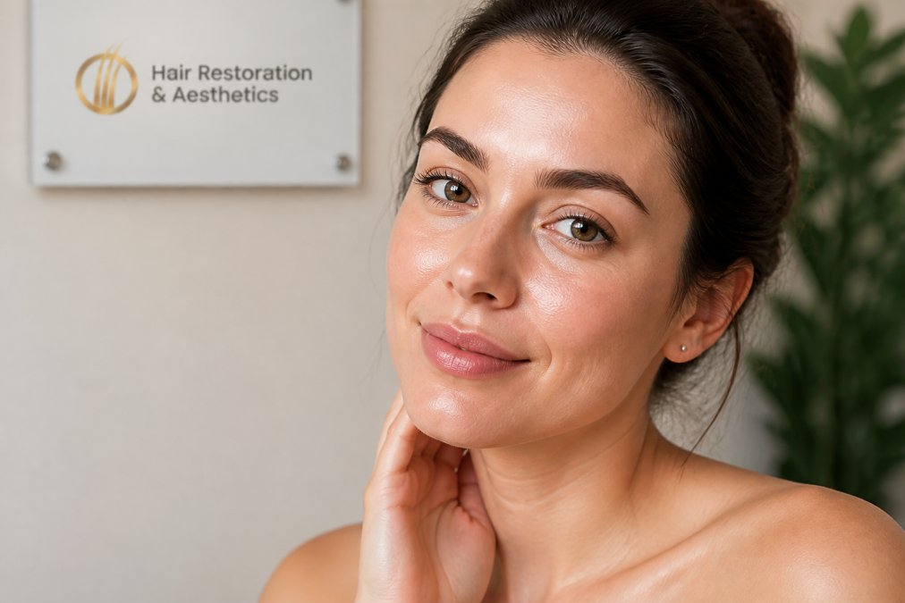 Close-up portrait of a woman with clear, glowing skin showing smooth texture, even tone, and healthy radiance under natural light