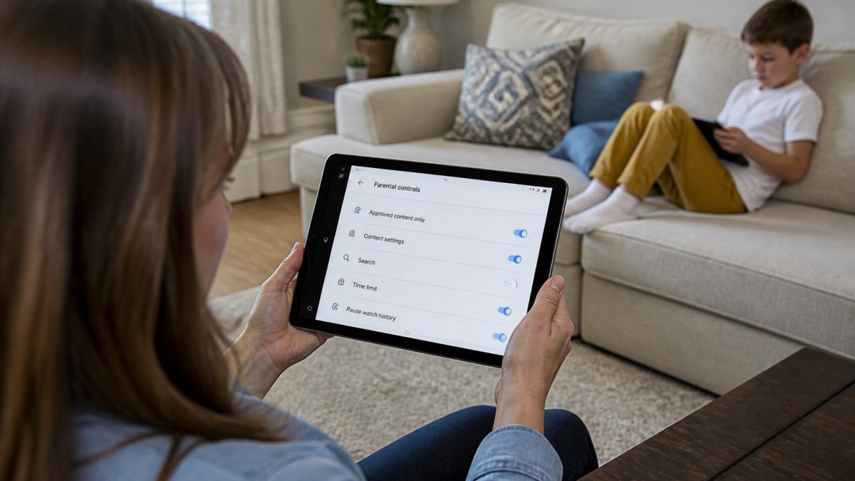 Parent holding tablet showing YouTube Kids parental control settings on screen with child watching in background, bright living room lighting