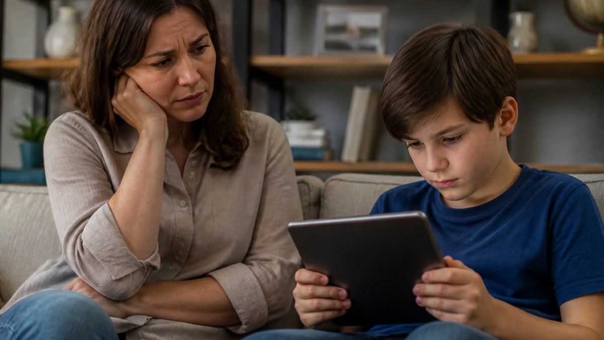 Parent and child sitting together on a couch, parent looking concerned while child watches a tablet with glowing screen, showing tension between device access and safety concerns