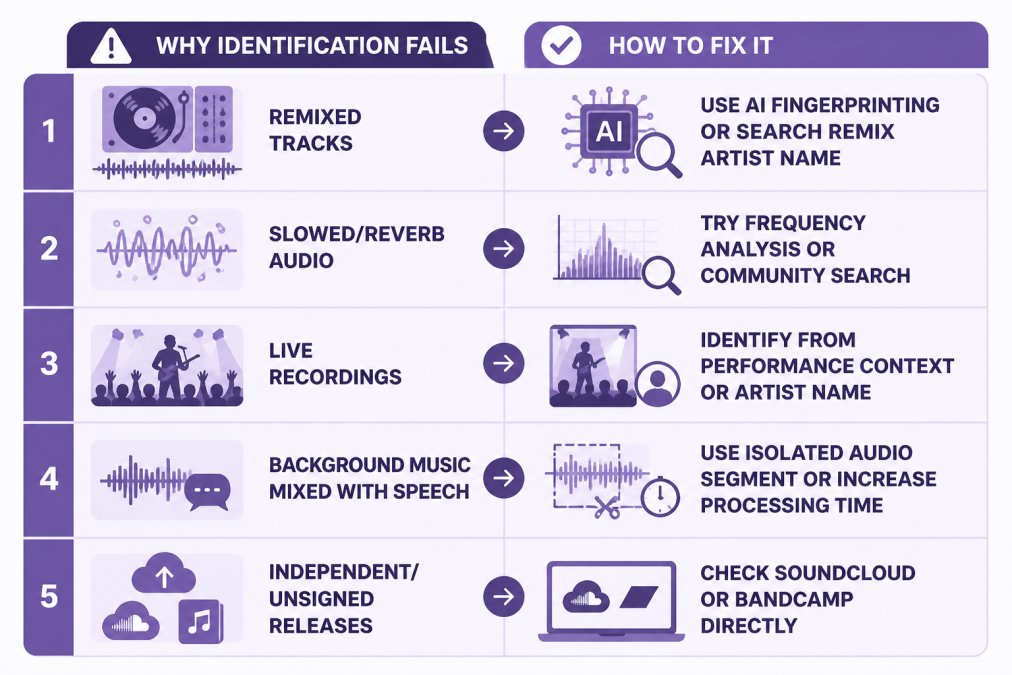 Comparison matrix showing common music identification failures and fixes: Remixed tracks (Solution: Use AI fingerprinting or search remix artist name), Slowed/reverb audio (Solution: Try frequency analysis or community search), Live recordings (Solution: Identify from performance context or artist name), Background music mixed with speech (Solution: Use isolated audio segment or increase processing time), Independent/unsigned releases (Solution: Check SoundCloud or Bandcamp directly)
