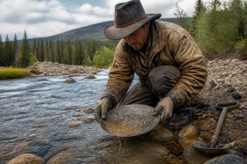 A prospector crouching at the edge of a creek, panning for gold in a shallow metal pan filled with gold-bearing gravel and water, wearing worn work gloves and rugged outdoor clothing in a wilderness setting with boreal forest in the background