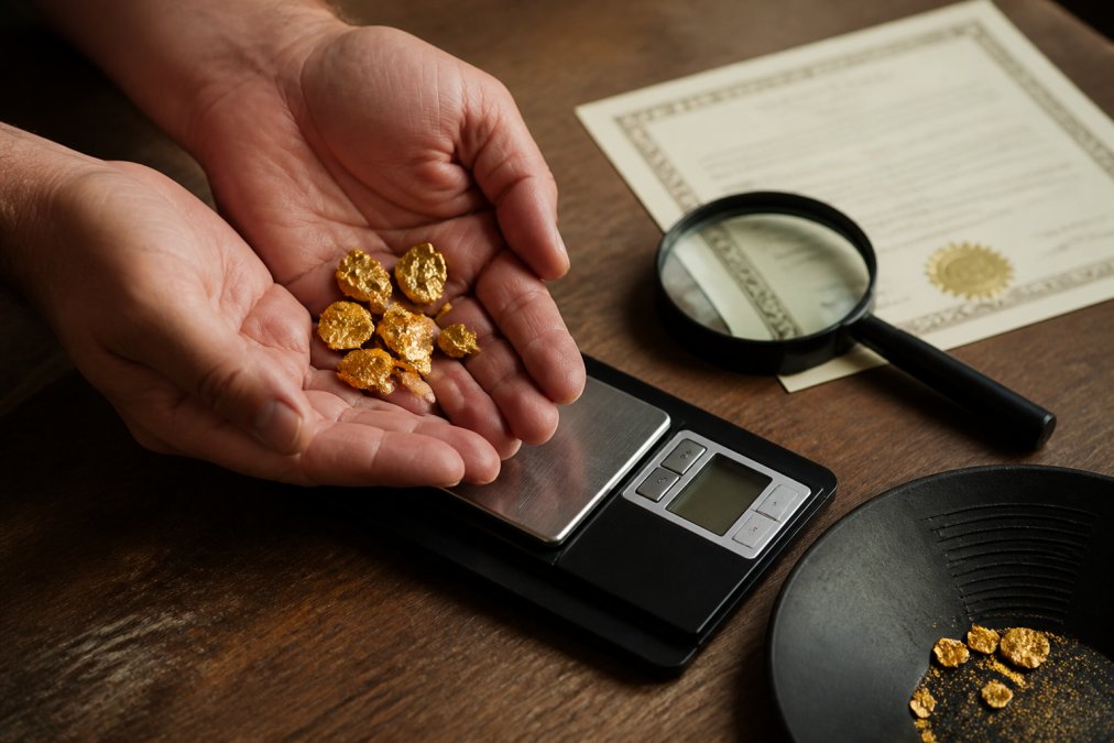 Close-up of hands holding raw placer gold flakes and nuggets over a precision scale, with a Certificate of Authenticity document and magnifying glass visible on a wooden table