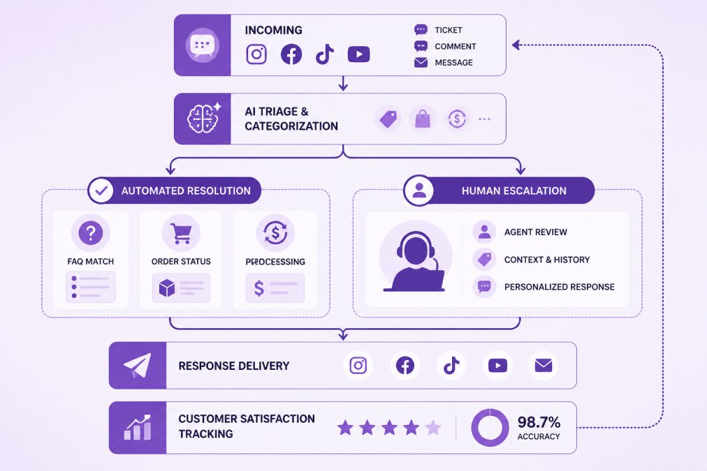 Flowchart showing customer support automation workflow: incoming ticket or comment → AI triage and categorization → automated resolution branch (FAQ match, order status, refund processing) versus human escalation branch → response delivery via appropriate channel → customer satisfaction tracking and feedback loop