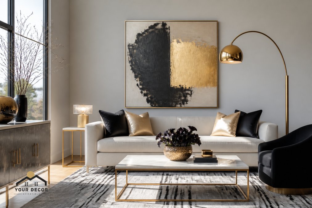 A bright, modern living room with a large-scale abstract canvas in charcoal and gold tones hanging above a sleek sofa, styled with metallic accents and a sculptural floor lamp