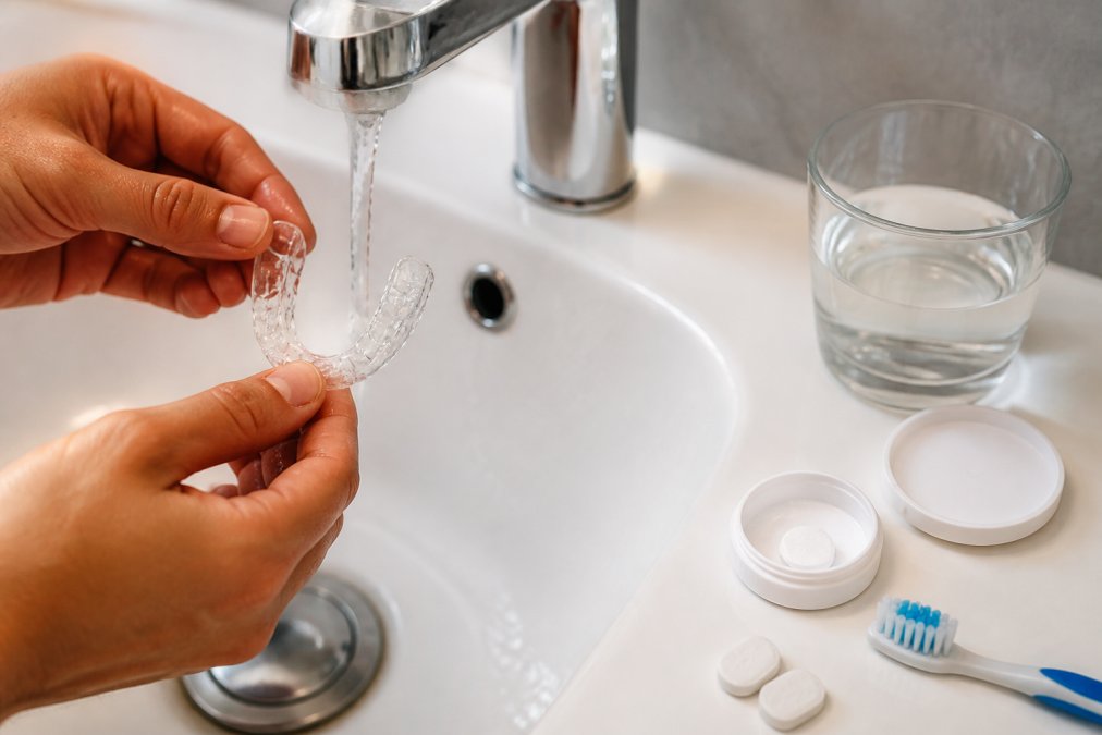 Hände halten eine transparente Zahnschiene unter fließendem lauwarmen Wasser über einem Waschbecken, mit einer weichen Zahnbürste und Reinigungstabletten daneben auf einer weißen Oberfläche