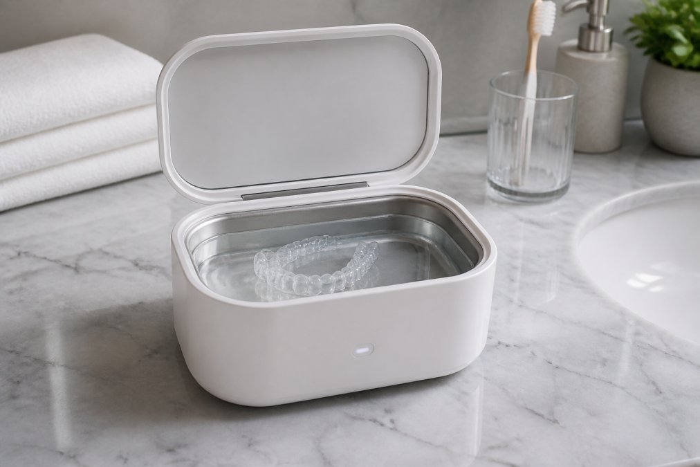 Ultraschallreinigungsgerät mit offener Kammer, darin eine durchsichtige Zahnschiene in klarem Wasser, modernes Badezimmer-Setting mit Zahnpflegeprodukten und Tuch im Hintergrund