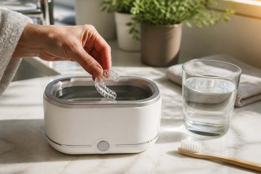 Person placing a dental retainer into an ultrasonic cleaning device at home, with a glass of fresh water and soft toothbrush nearby on a clean bathroom counter in morning light