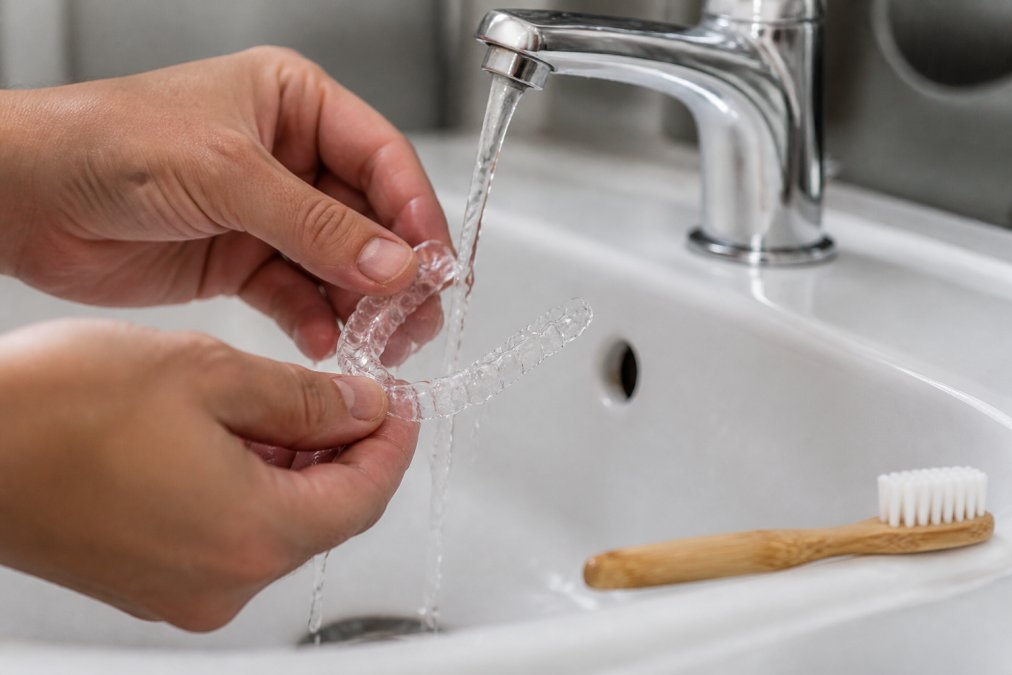 Nahaufnahme von Händen, die eine transparente Zahnschiene unter fließendem lauwarmen Wasser reinigen, mit weicher Zahnbürste auf dem Waschbeckenrand