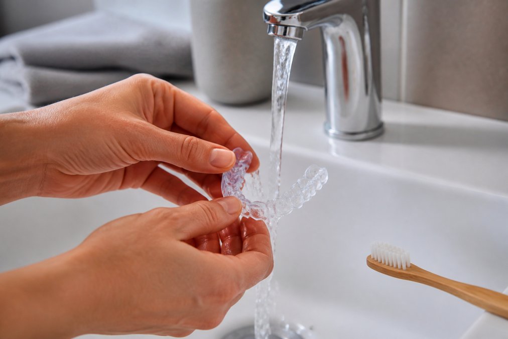 Hände reinigen eine transparente Zahnschiene unter fließendem Wasser zur optimalen Zahnschienen Pflege Tipps bei