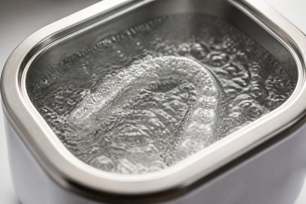 Nahaufnahme einer klaren Zahnschiene, die in Wasser mit Ultraschallwellen gereinigt wird, mit feinen Blasen und sanfter Bewegung sichtbar