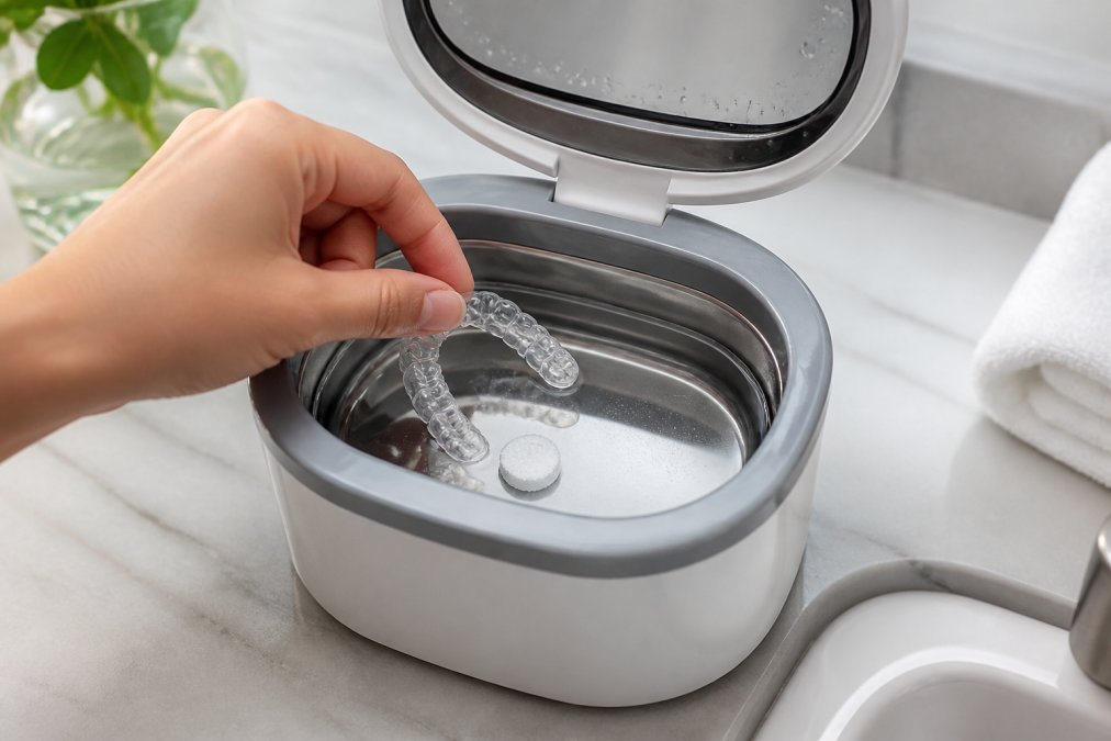 Nahaufnahme einer Hand, die eine transparente Zahnschiene in einen geöffneten Ultraschallreiniger mit sichtbarem digitalen Timer oder LED-Display legt, mit Wasser im Behälter und einer Reinigungstablette