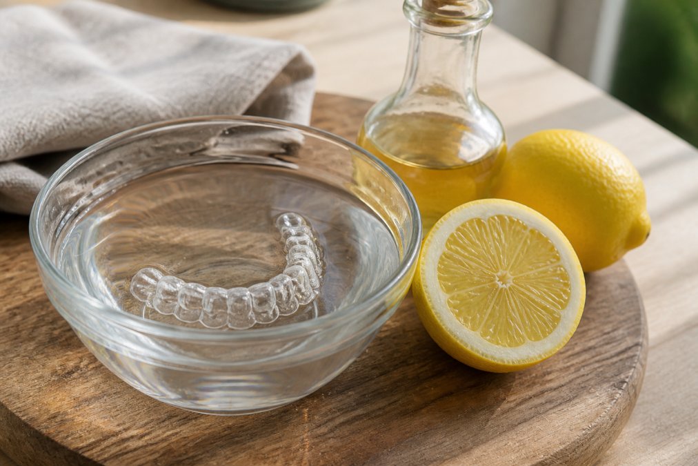 Nahaufnahme einer transparenten Zahnschiene in einer Schüssel mit lauwarmen Wasser, daneben Zitrone und Essig auf Holzoberfläche, natürliches Tageslicht von rechts