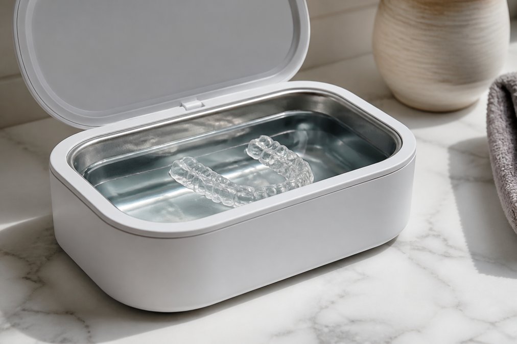 Ultraschallgerät für Zahnschienen auf einer sauberen, modernen Oberfläche, eine Zahnschiene sitzt sichtbar im Behälter mit klarem Wasser, helles natürliches Licht zeigt die Klarheit und das Design des Geräts
