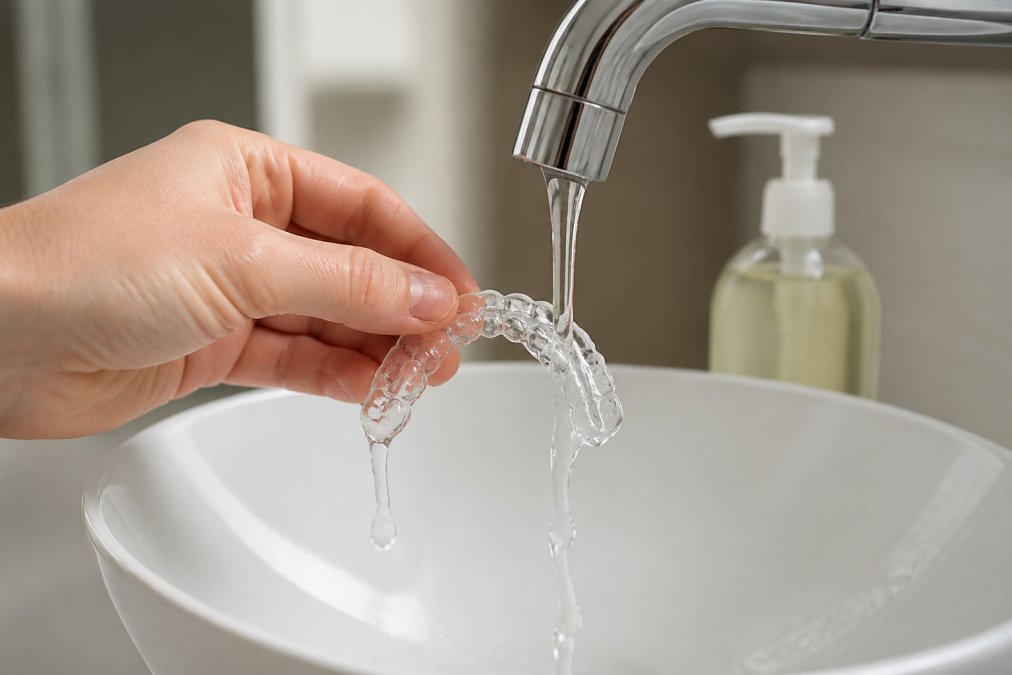 Nahaufnahme einer Hand, die eine transparente Zahnschiene unter lauwarmen Wasserstrom hält, während Wasser sanft über die Oberfläche fließt, mit einer weißen Schüssel und milder Flüssigseife im Hintergrund