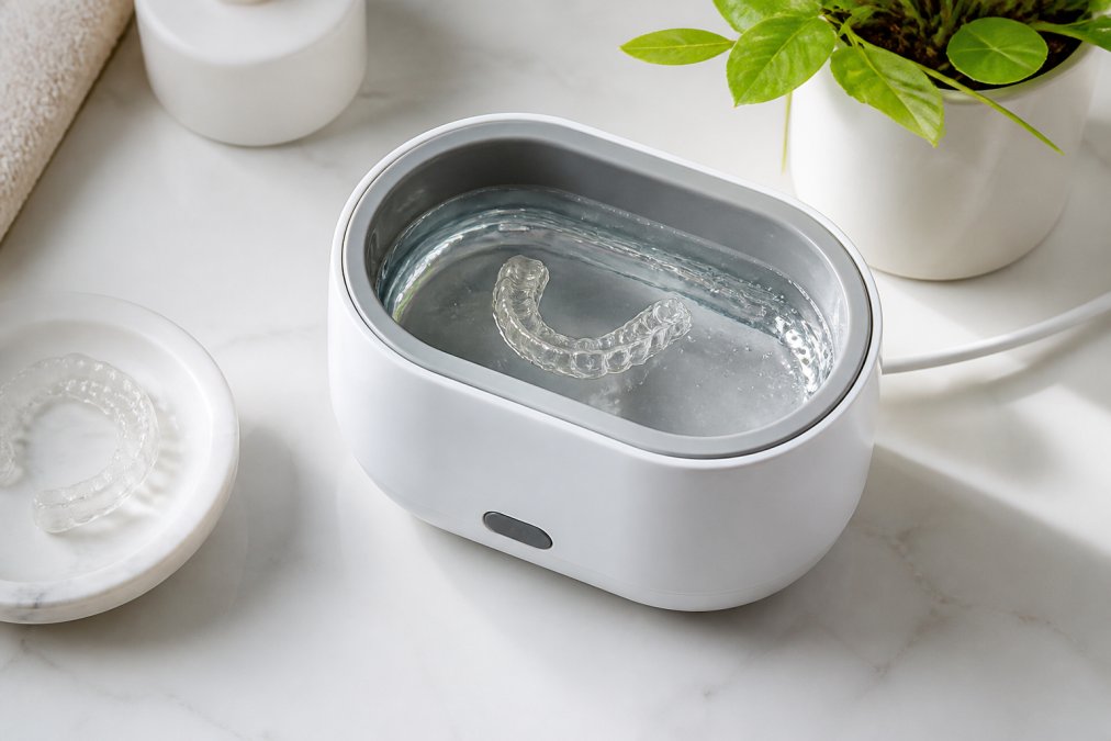 Ein modernes Ultraschallreinigungsgerät mit einer transparenten Zahnschiene im kristallklaren Wasserbad, helles, professionelles Licht von oben, saubere, minimalistische Umgebung auf weißer Oberfläche