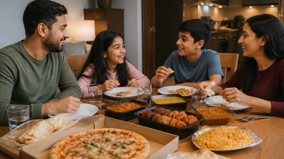 Family of four gathered around a dining table enjoying various takeaway dishes together, with Indian curry, pizza, and kebabs visible on plates, warm lighting, genuine smiles and relaxed conversation