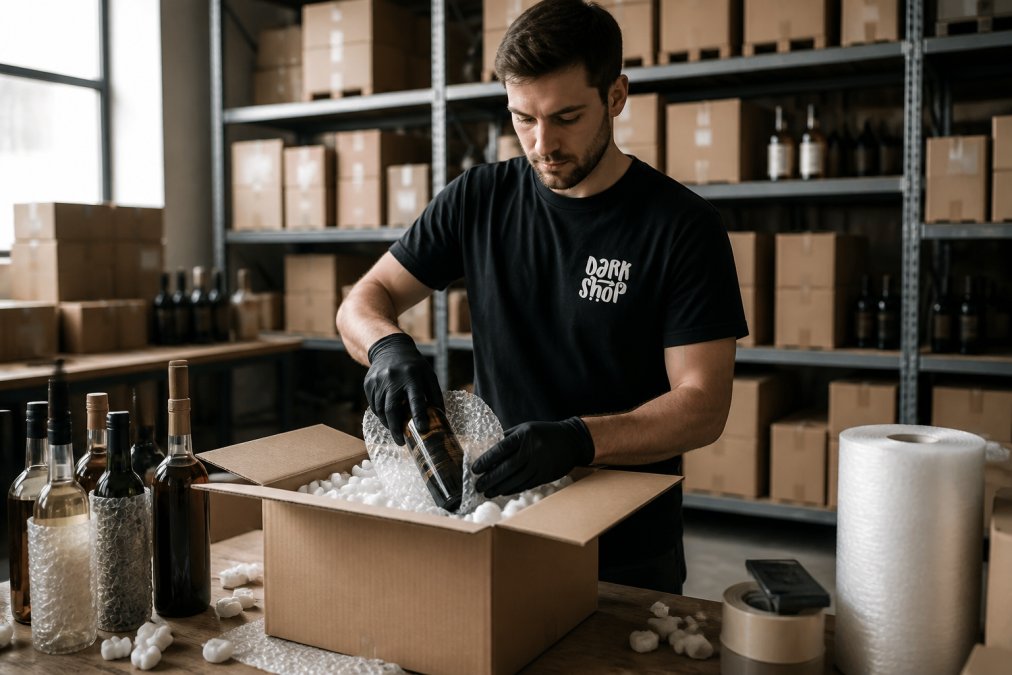 Pracownik magazynu starannie pakujący butelki alkoholu w opakowanie ochronne z materiałami amortyzacyjnymi, widok na pudła i materiały ochronne w tle magazynu
