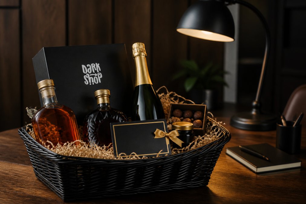 Elegancki koszyk upominkowy z butelkami alkoholu, kartą podarunkową i dodatkami na drewnianym stole, obok lampka biurowa