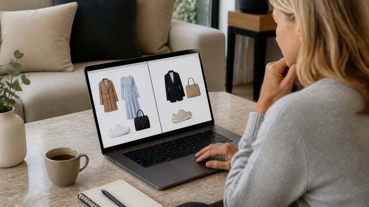 Eine Frau mittleren Alters vergleicht zwei verschiedene Mode-Websites auf ihrem Laptop in einem hellen, modernen Wohnzimmer. Auf dem Couchtisch liegen ein Notizbuch und eine Tasse Kaffee