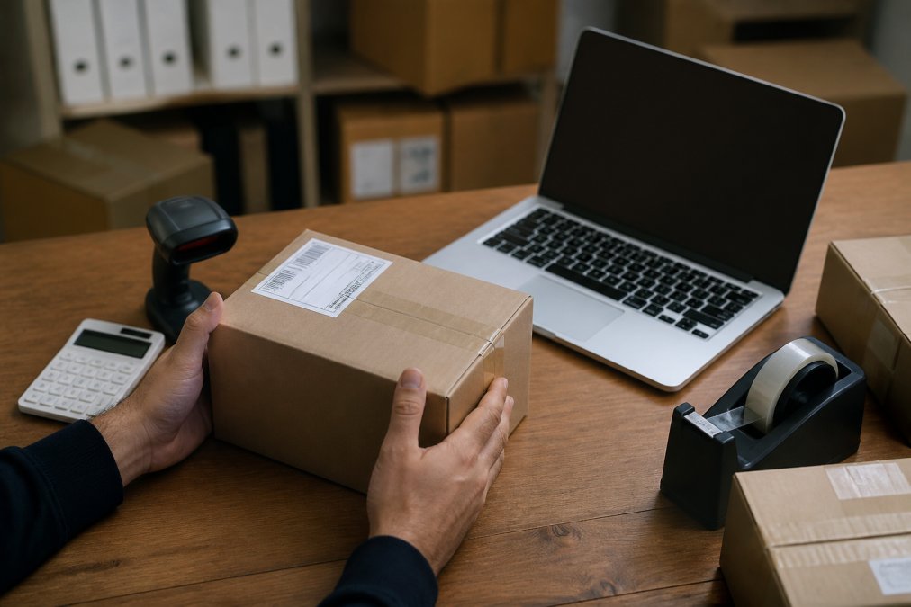 Close-up of hands holding a cardboard parcel ready for shipment, with a laptop in the background displaying order management software and shipping labels, representing New Zealand e-commerce logistics