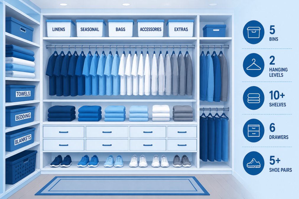 Bright, organized walk-in closet with custom shelving, labeled storage bins, and neatly folded clothing arranged by color, showing professional home organization in action