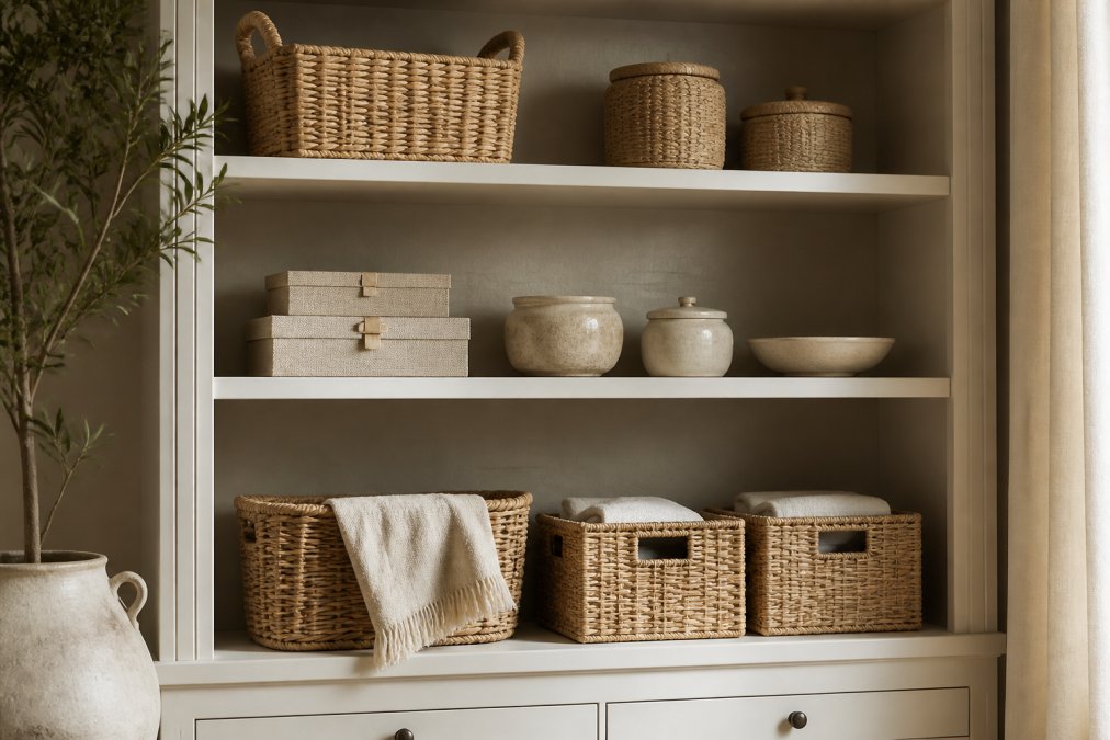 Styled shelving unit displaying various woven baskets, ceramic containers, and decorative storage boxes in natural textures and neutral tones, demonstrating how aesthetic storage doubles as home decor