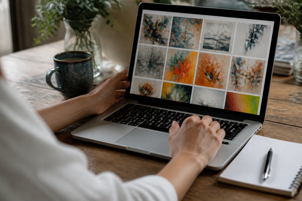Close-up of hands scrolling through abstract art on a laptop screen, with a notebook and pen nearby for taking notes