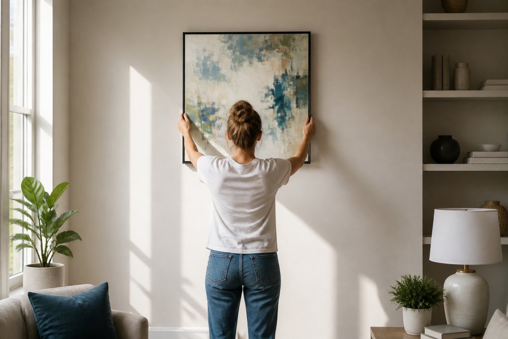 Person standing in front of a living room wall, holding a framed abstract painting up to visualize placement, with natural light streaming through windows