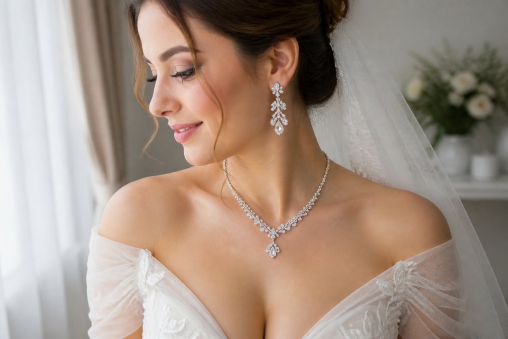 Bride wearing a silver crystal necklace and matching chandelier earrings with a white wedding gown, close-up of jewelry details and elegant neckline styling
