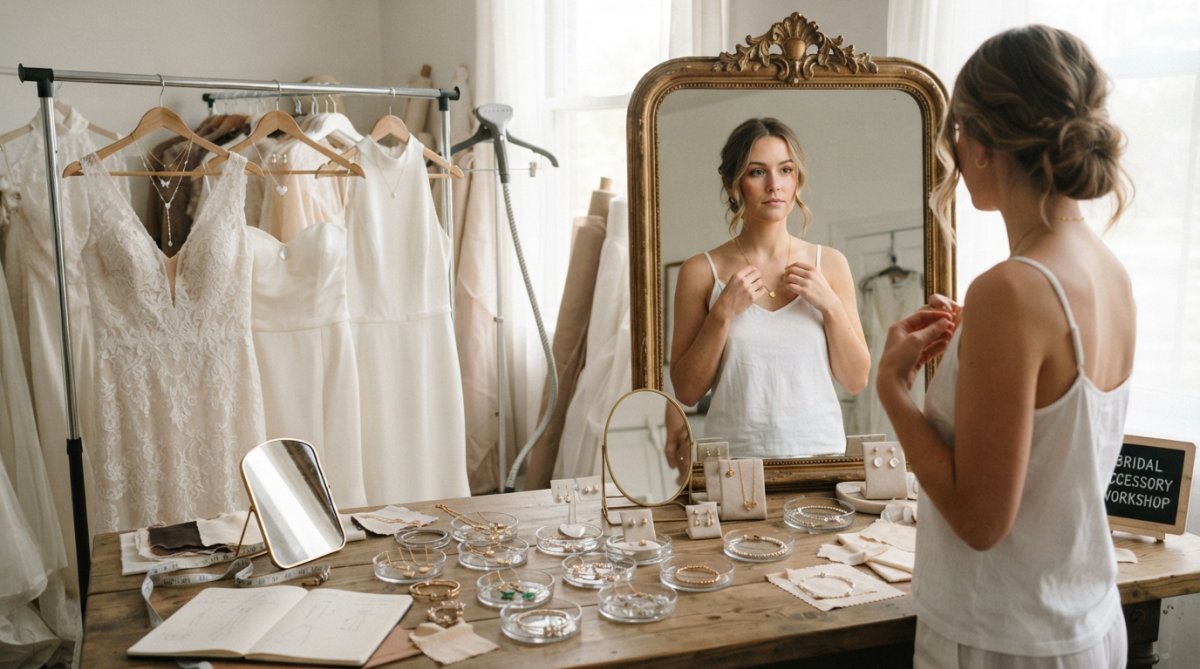 Bride in front of a mirror examining different necklace and earring combinations with various wedding dress necklines visible, natural studio lighting
