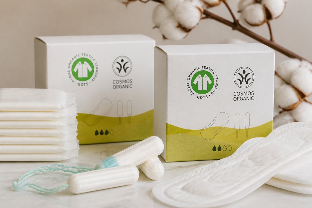 Detailní záběr na balení Organyc s certifikací a rozložené zdravotně nezávadné produkty jako vložky a tampony na světlém