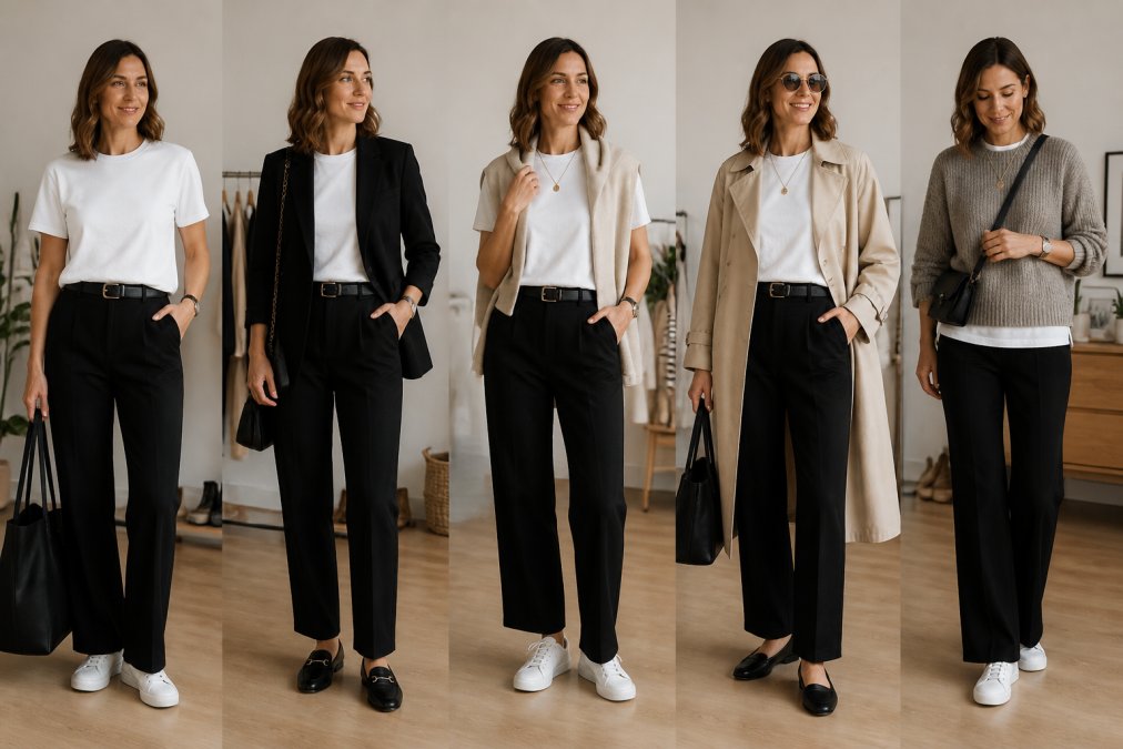 Eine Frau präsentiert verschiedene Outfit-Kombinationen mit neutralen Basics wie weißem T-Shirt, schwarzer Hose und Blazer, die durch unterschiedliche Layering-Varianten und Accessoires völlig unterschiedlich wirken