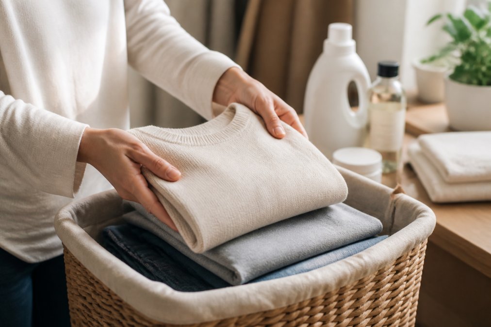 Nahaufnahme von Händen, die ein hochwertiges Basic-Kleidungsstück sorgfältig falten und in einen Wäschekorb legen, mit Waschmittel und Pflegeprodukten im unscharfen Hintergrund, warmes natürliches Licht