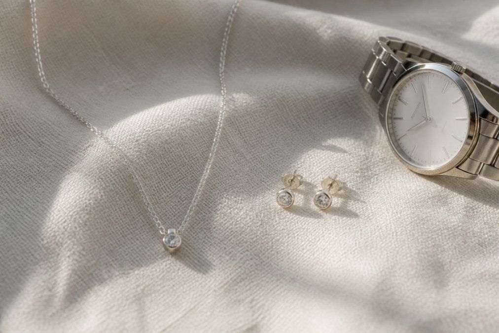 Nahaufnahme einer filigranen 925er Sterlingsilber-Halskette auf hellem Leinenstoff, daneben ein Paar schlichte Ohrstecker und eine Armbanduhr, weiches Tageslicht fällt von der Seite, ruhige elegante Szene