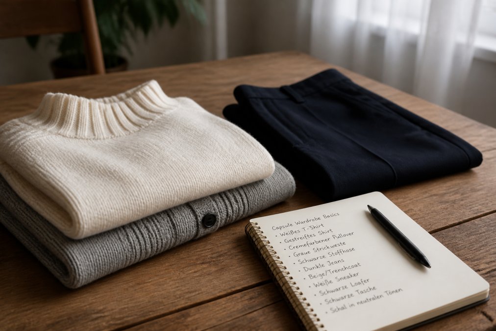 Sorgfältig gefaltete neutrale Basics auf einem Holztisch: cremefarbener Strickpullover, graue Strickweste, dunkle Stoffhose, dazu ein Notizbuch mit handschriftlicher Garderoben-Liste im weichen Tageslicht