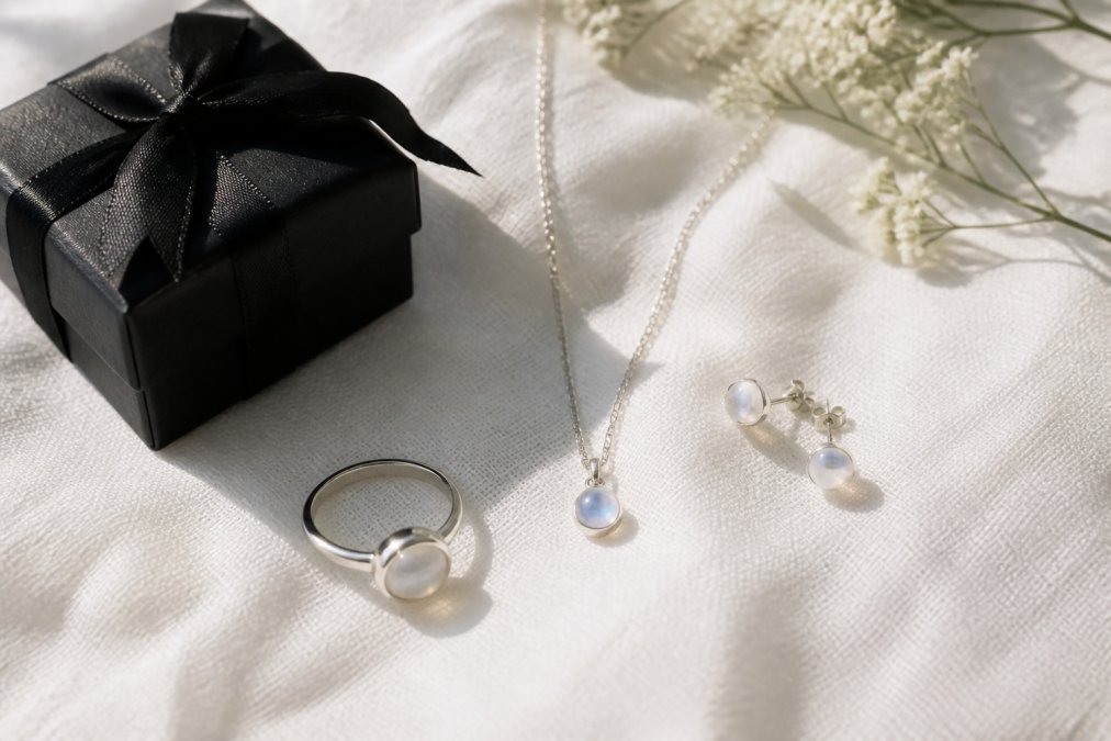 Flat lay of elegant jewelry pieces including a silver ring with moonstone, a delicate necklace with a gemstone pendant, and small stud earrings arranged on a soft white linen surface beside a small black gift box, photographed in soft natural daylight