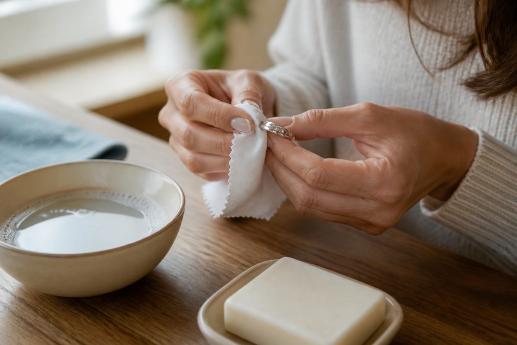 Close-up of a woman's hands gently polishing a sterling silver ring with a soft white cloth on a wooden table, a small bowl of warm water and a mild soap bar visible nearby, warm indoor lighting