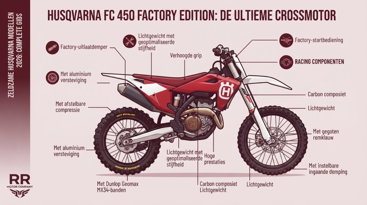 Close-up van een rode en witte Husqvarna FC 450 Factory Edition op een offroad-circuit met zichtbare race-componenten en Dunlop Geomax MX34-banden