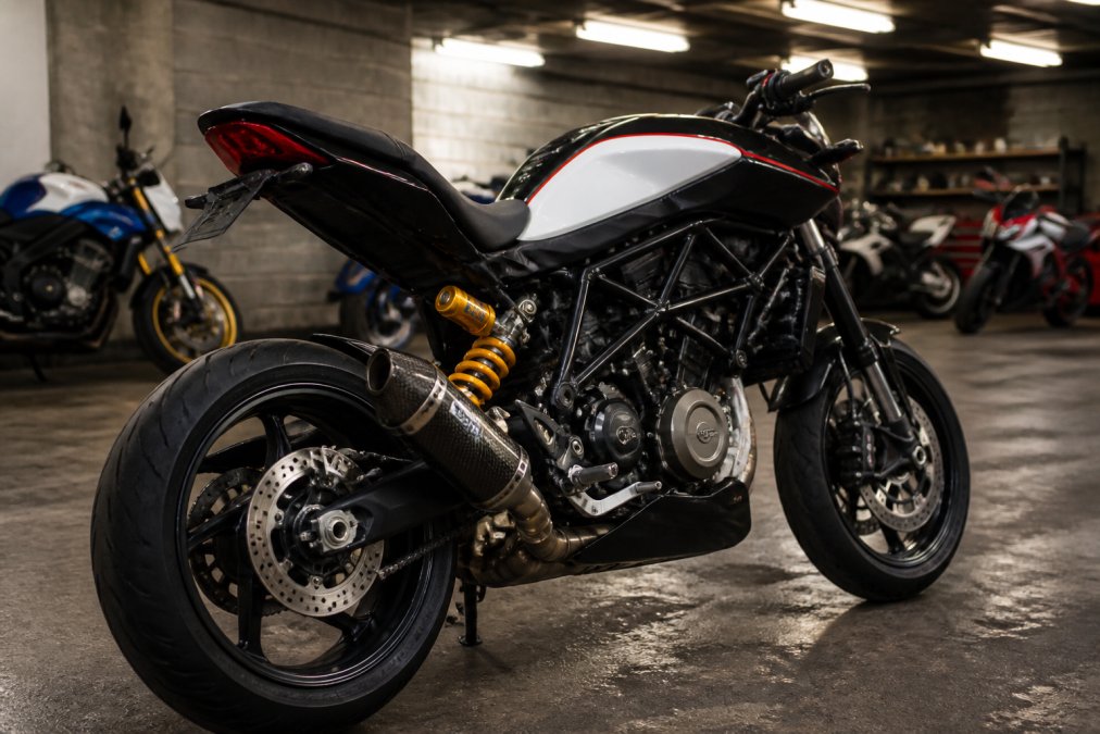 Zeldzame Husqvarna Nuda 900R met carbon uitlaat in een buitenlandse garage tijdens het zeldzame motorfietsen importeren.