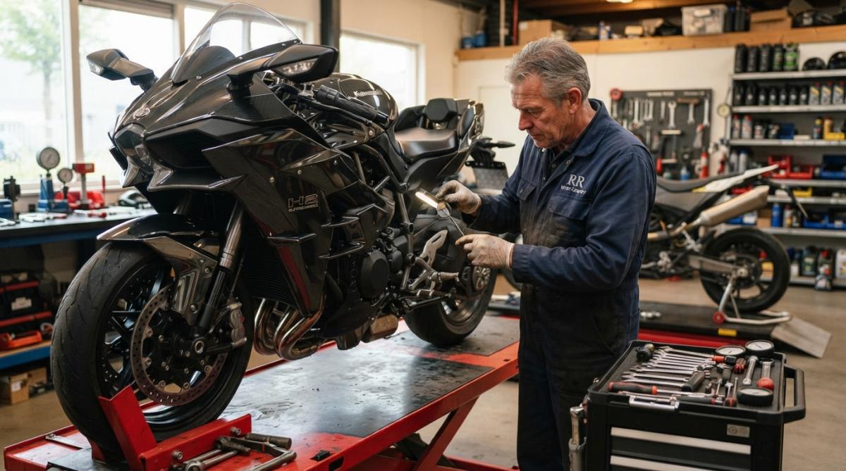 Ervaren monteur voert grondige inspectie uit op een zeldzame motorfiets in werkplaats, controleert motor en aandrijflijn met diagnostische gereedschap onder helder werklicht